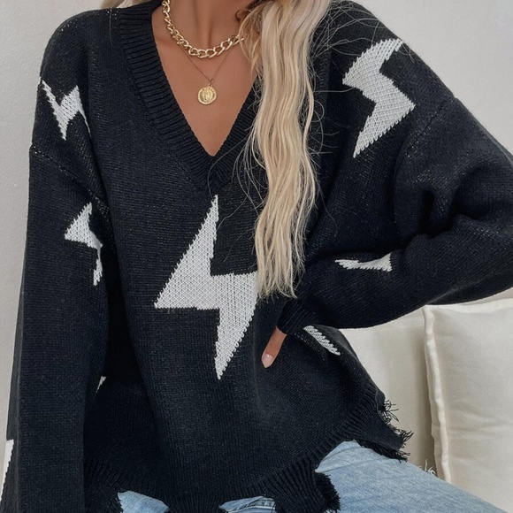 Black Thunder Bolt V neck Oversized Knit Sweater - Picture 2 of 5